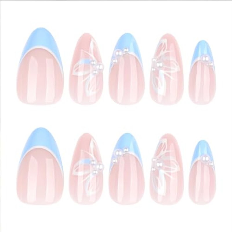Medium Almond Press On Nails with 3D Floral & Pearl Design