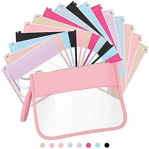 Irenare 16 Pcs Clear Makeup Bag Toiletry Flat Zipper Pouch Preppy Waterproof Clear Cosmetic PVC Pouch with Wristlet Toiletry DIY Chenille Letter Snack Bag for Women(Multi Colors)