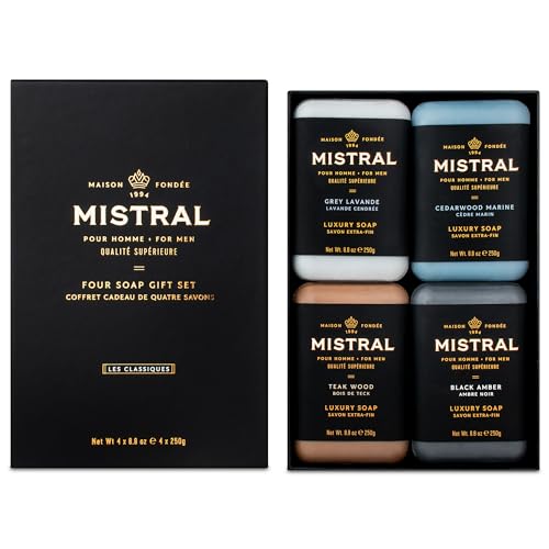 Mistral Men¡¯s Luxury Bar Soap for Men | Gift Set (4 x 8.8 oz) ? Grey Lavande, Cedarwood Marine, Teak Wood, Black Amber | Moisturizing, Triple-Milled Natural Soap for Men - Made in France