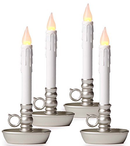 Plow & Hearth Set of 4 AA Battery Operated Window LED Candle Lamps | Auto Timer | Long Lasting Bulbs Never Need Replacing | Holiday Lights | Pewter Base | 9 1/2 H