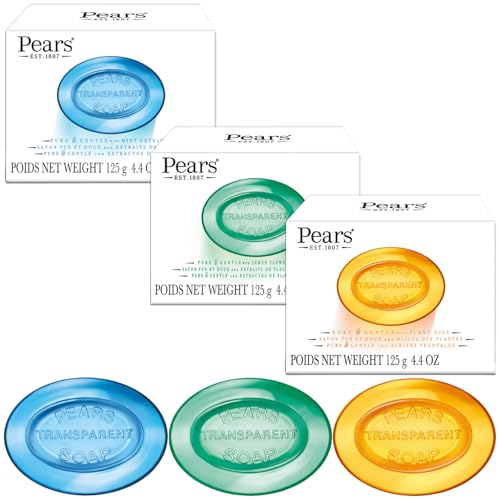 Pears Soap, Pure & Gentle Glycerin Soap Variety 3-Pack ? Blue with Mint, Green with Lemon Flower Extract, and Amber with Natural Oils, 4.4 Oz Each