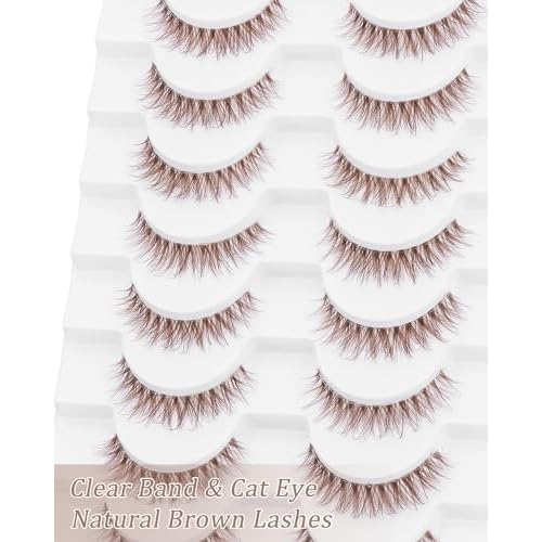outopen 10 Pairs Brown Lashes Natural Look Cat Eye Brown Eyelashes Wispy Clear Band Eye Lash Short Fake Eyelash