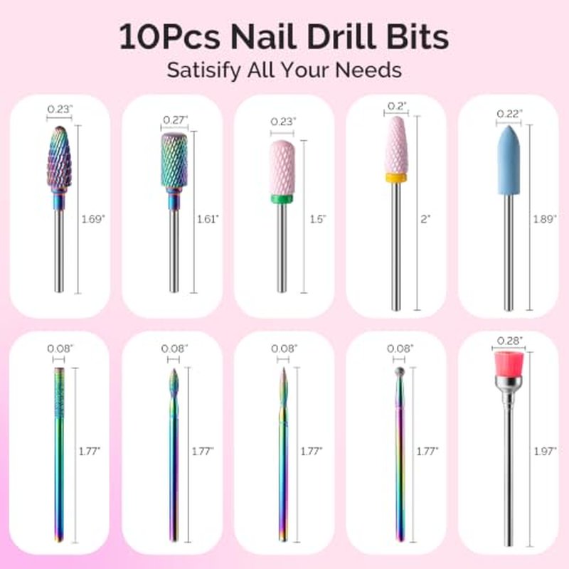 MelodySusie 10Pcs Nail Drill Bits Set - Tungsten & Ceramic Efile for Gel Removal