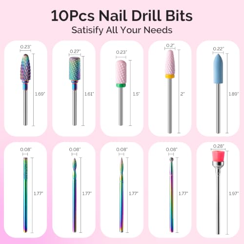 Pink & Colorful MelodySusie 10-Piece Nail Drill Bits Set for Manicure & Gel Removal