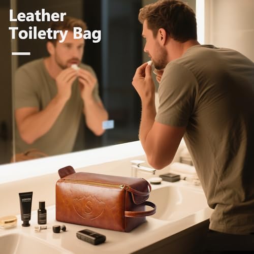 Personalized Toiletry Bag for Men,Initial Mens Toiletry Bags for Traveling,Men Travel Toiletries Bag,PU Leather Shaving Bag for Toiletries Accessories kit,Brown S