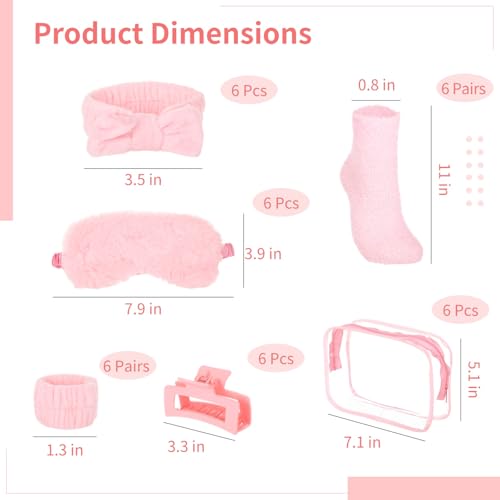 Homaisson 6 Sets Sleepover Party Supplies, Spa Set with Plush Sleep Eye Mask, Headband, Hair Clip, Socks, Bag for Girls Women Slumber Spa Birthday Pajama Gifts, Pink