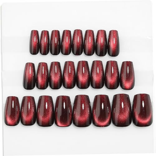 Stbisen Midnight Blaze Burgundy Cat Eye Press On Nails - Medium Coffin, Glossy Fake Nails, Reusable Acrylic, 32 Pcs
