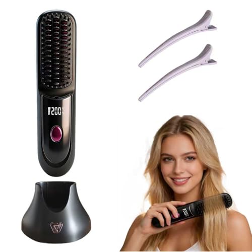 Vonloge Cordless Hair Straightener Brush - USB Rechargeable, Fast Heating, 3 Temperature Settings