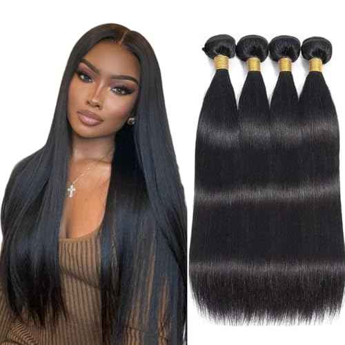 Straight Bundles Human Hair 20 22 24 26 Inch 100% Unprocessed Brazilian Virgin Hair 4 Bundles Hair Extension for Black Women Natural Color