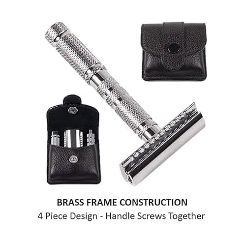 Parker A1R TRAVEL SAFETY RAZOR - Compact 4-Piece Double Edge Safety Razor with Protective Leather Case - Ideal for Everyday Use - Iconic Brand