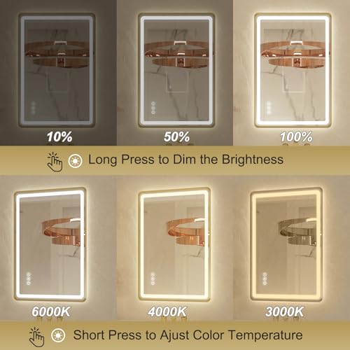 LED Bathroom Mirror 24x36 with Gold Frame, Dimmable & Anti-Fog