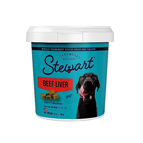 Stewart Freeze Dried Dog Treats, Beef Liver, 12 oz, Grain Free & Gluten Free, Resealable Tub, Single Ingredient, Training Treat in Beef Liver, Salmon, Chicken Liver & Chicken Breast 4, 14, 21 oz