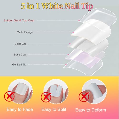 Square White Press On Toenails Kit, 15 Sizes with Glue