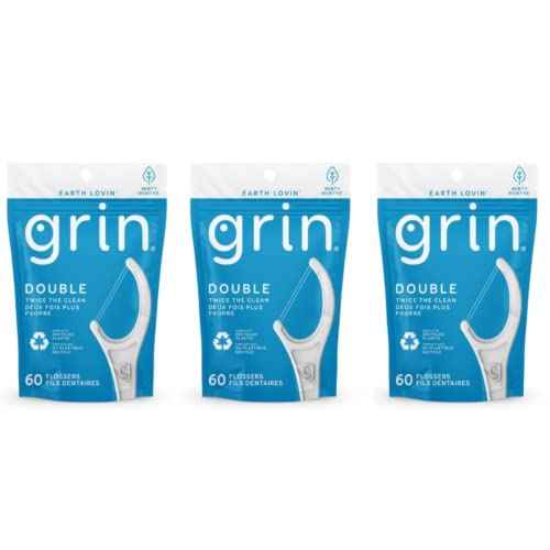 Grin Dental Floss |3 Packs of 60 (Double Twice The Clean Deux Fois Plus Propre), White, Total: 180, 1.0 Foot, 0.18 pounds