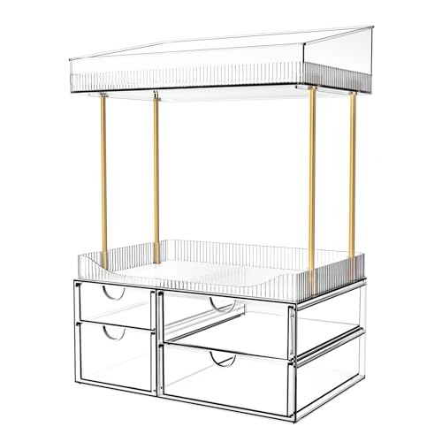 SNSLXH 4 Drawers Makeup Organizer - 4 Tier Makeup Storage, Cosmetics Organiser, Ideal for Cosmetic, with Drawers for Countertop, Bathroom, Office Supplies, Dresser Transparent Clear
