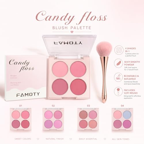 4-Color Blush Palette with Brush Set - Highly Pigmented, Blendable