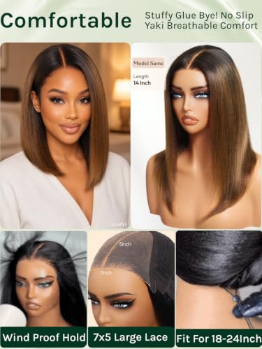 KLAIYI Glueless Bob Wig 14" Yaki Straight Chestnut Brown Human Hair
