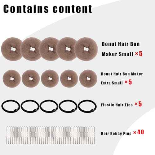 10 Pcs Hair Bun Maker - Donut Bun Maker for Hair(5 medium and 5 small),Ballet Bun for Women and Kids with Elastic Hair Ties, Hair Pins(Tan Brown)
