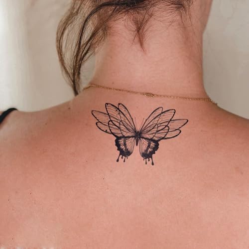 Semi Permanent Tattoo for Women, 2 Sheets Realistic Temporary Tattoos, Lasts 2 Weeks Fake Tattoos for Arm Wrist, Waterproof Non-Reflective (Ink Splatter Butterfly & Rose Rosary Cross Tattoo)