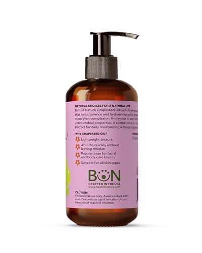 Best of Nature 8 fl oz Pure Grapeseed Oil - Lightweight Body & Face Moisturizer