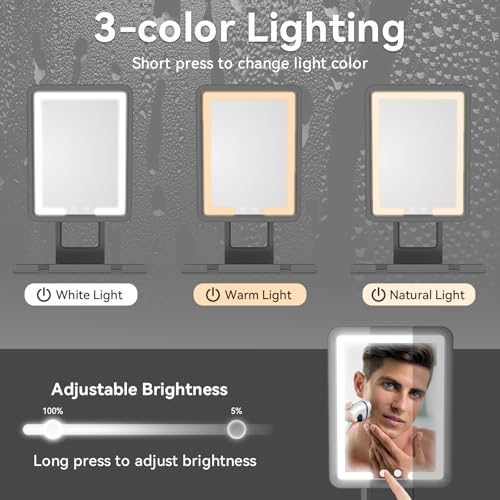 GURUN Heated Shower Mirror Fogless for Shaving, 360¡Æ Adjustable Shaving Mirror with Light, Rechargeable Anti-Fog Shower Mirror with Storage Tray & Razor Holders