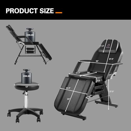 Adjustable Massage & Tattoo Chair - 73" Facial Bed w/ Stool