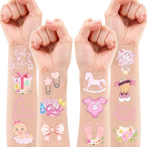 100 PCS Baby Girl Birthday Party Decorations Favors Supplies Temporary Tattoos Decor Pink Rose Gold Baby Girl Shower Floral Stickers For Boys Girls Gift School Prizes Rewards