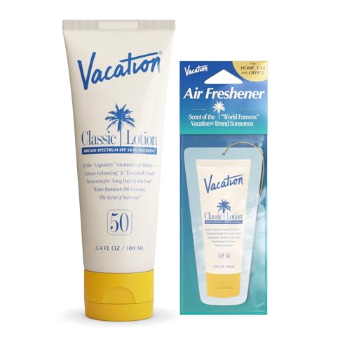 Vacation Classic Sunscreen Lotion SPF 50 + Air Freshener Bundle, Water Resistant Broad Spectrum Sunscreen Sun Block, Vegan Sun Tanning Lotion, Body Lotion with SPF, SPF 50 Sunscreen, 3.4 Fl. Oz.