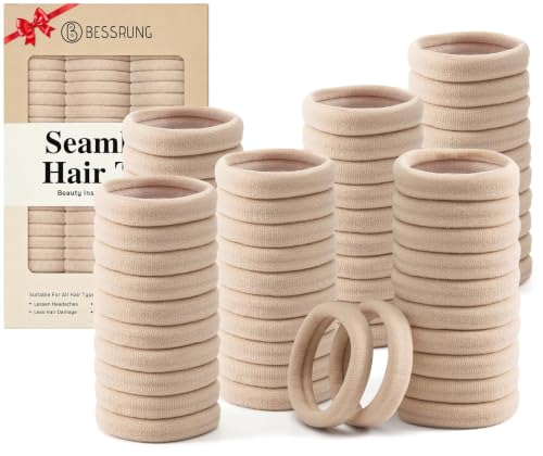 Bessrung 100PCS Beige Seamless Elastic Hair Ties - No Damage, Strong Hold for Women & Girls