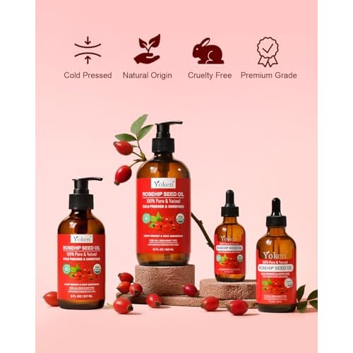 Organic Rosehip Seed Oil, USDA 100% Pure Rosehip Oils for Face, Hair & Body, Large Glass Bottle 16 fl oz Cold Pressed Rose Hip Oil for Skin Care, Moisturizing, Massage, Gua Sha & DIY Blends