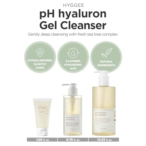 HYGGEE pH Hyaluron Gel Cleanser - Hyaluronic Acid Hydrating Face Wash - pH Balancing Formula for All Skin Types - Hypoallergenic Mild Makeup Cleansing Gel (1.69 fl.oz.)