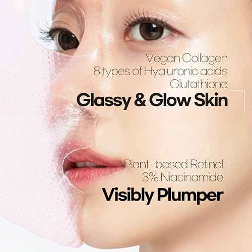 Glassy Hydrogel Face Mask for Glow and Dewy Skin, Deep Hydration, Vegan Collagen, Makeup Prep, Pore Tightening, Firming, Moisturizing, Elasticity, Overnight Korean Skin Care 1.19oz x 4ea
