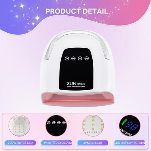 Cordless Nail Lamp 200W Rechargeable UV Light for Gel Nails LED Nail Dryer with 3 Timer Modes Perfect for Salon and Home Use Portable Cordless Design Continuous Use Up to 4-5 Hours (S20 Max)