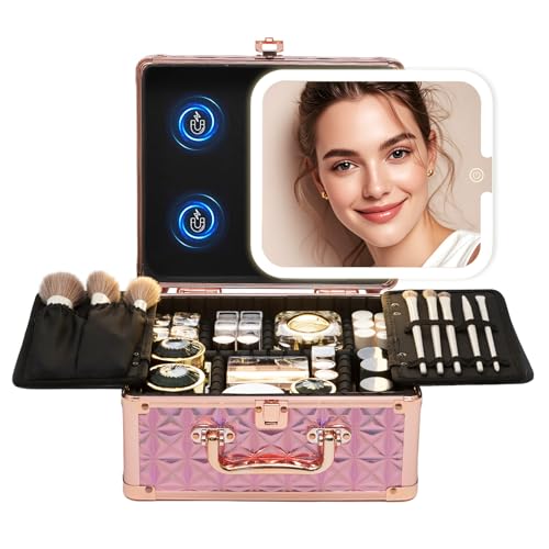 Makeup Box with Detachable Lighted Mirror?Travel Train Case, Cosmetic Storage Organizer & Makeup Suitcase with Adjustable Dividers & Magnetic LED Mirror (Pink)