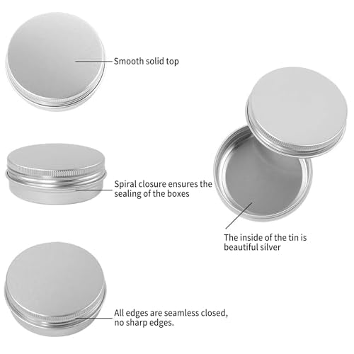 Moretoes 48 Pack 2 Oz Metal Round Tins Aluminum Tin Cans Containers with Screw Lid for Salve, Spices or Candies