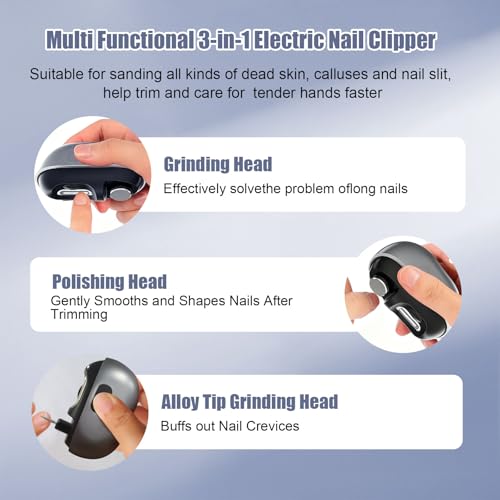 Electric Nail Clipper, 3 in 1 Electric Nail Clippers for Seniors & Adults, Baby Electric Nail Trimmer with Light & Clip Storage, USB Electric Automatic Nail Clipper for Fingernail & Toe (Grey)