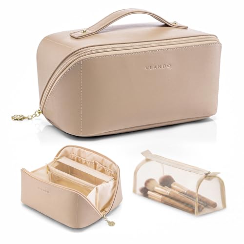 VLANDO Toffee Travel Makeup Bag with 180° Opening, Women Toiletry Case