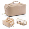VLANDO Toffee Travel Makeup Bag with 180° Opening, Women Toiletry Case