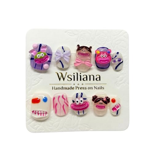 Wsiliana Nails Handmade Press on Nail Solid Short Square Fake Nail Tips Cute 3D Cartoon Design Glue on Nail Art 10 Pcs with Storage Box(027 L)