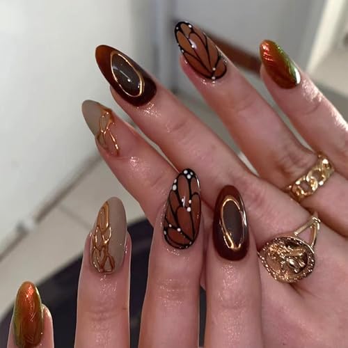 Medium Almond Press-On Nails with 3D Butterfly Design - 24 Pcs