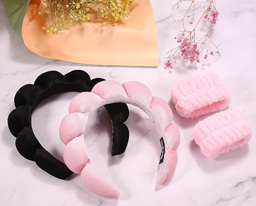 BEBEEPOO Velvet Headband Set for Face Washing, Makeup and Skincare - Puffy Headbands with Face Wash Wristbands, Mask and Skin Treatment