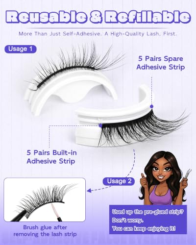 Self-Adhesive Eyelashes, No Glue Press-On Wispy Lashes 14mm
