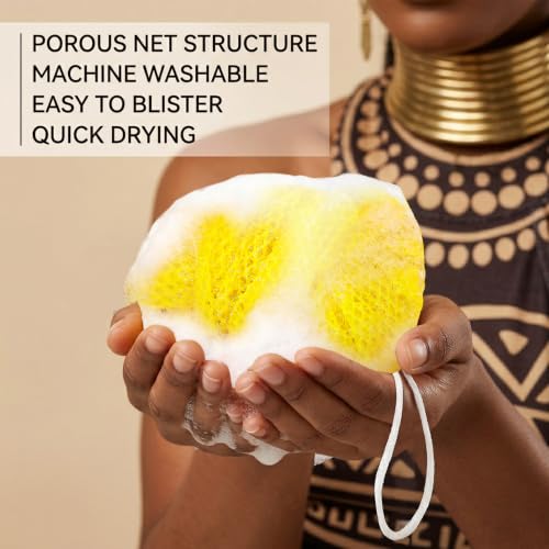 African Net Sponge 3-Pack - Deep Cleansing Exfoliating Body Scrubber in Yellow, Pink, Purple - Reusable Shower Sponge for All Skin Types