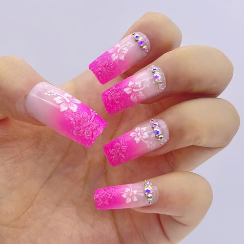 NGMATY Press On Nails Long Pink Gradient Threedimensional Petal Rhinestone Fake nails 12 Sizes 24 Pcs Gel False Nail Set