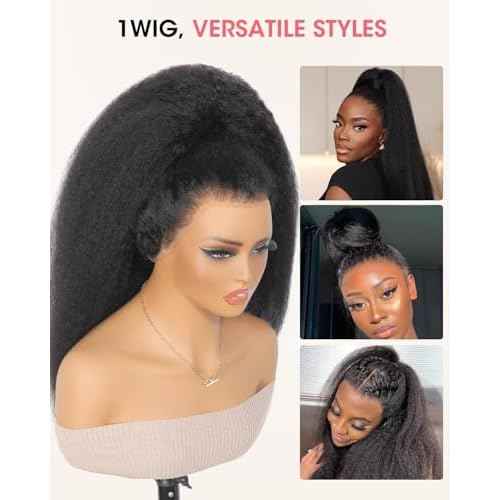 Kinky Straight Hidden Strap Invisi Drawstring 360 HD Full Lace Front Wigs Human Hair Pre Plucked Pre Cut Yaki 200 Density 360 Frontal Glueless Wigs Human Hair for Black Women 16 Inch