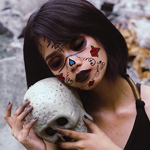 Day of the Dead Face Tattoos - 8 Sheet Sugar Skull Temporary Tattoo Kit