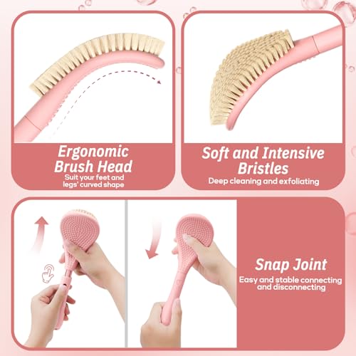 New Foot Brush & Back Scrubber Set 2PCS, 10.2''- 27.5'' Adjustable Foot Scrubber for Shower, 18.9'' Shower Back Scrubber with 3-Length Usage, Great Aid for People with Limited Mobility(Pink)