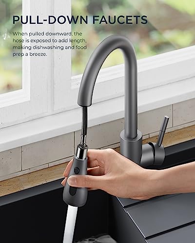 FORIOUS Kitchen Faucets, Grey Kitchen Faucet with Pull Down Sprayer, High Arc Single Handle Stainless Steel Sink Faucets 1 or 3 Hole, Classic Kitchen Sink Faucets for Farmhouse Camper Laundry Rv Bar