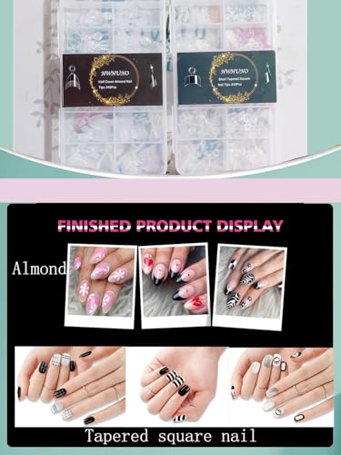 HWHUNO 480Pcs Short Almond & Tapered Square Nail Tips Set for Manicure