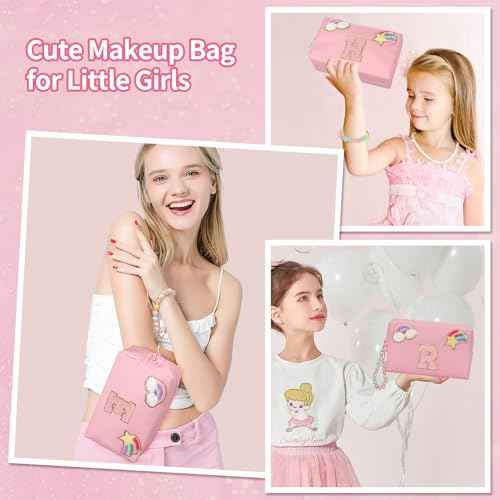 Personalized Initial Makeup Bag, Birthday Gifts for Girls 4 5 6 7 8 9 10 11 12 13 14 15 Years Old, Cute Cosmetic Bag Small Toiletry Bag Travel Make Up Organizer, Gift for Teen Girl Women Friend, Pink